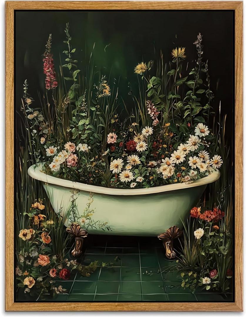 AtterrirArt Framed Funny Bathroom Wall Art, 12 * 16inch, Vintage Toilet Bowl Wall Decor, Moody Wildflowers Botanical Print, Dark Green Flower Canvas Wall art For Restroom, Bedroom, Ready to Hang (Commode)