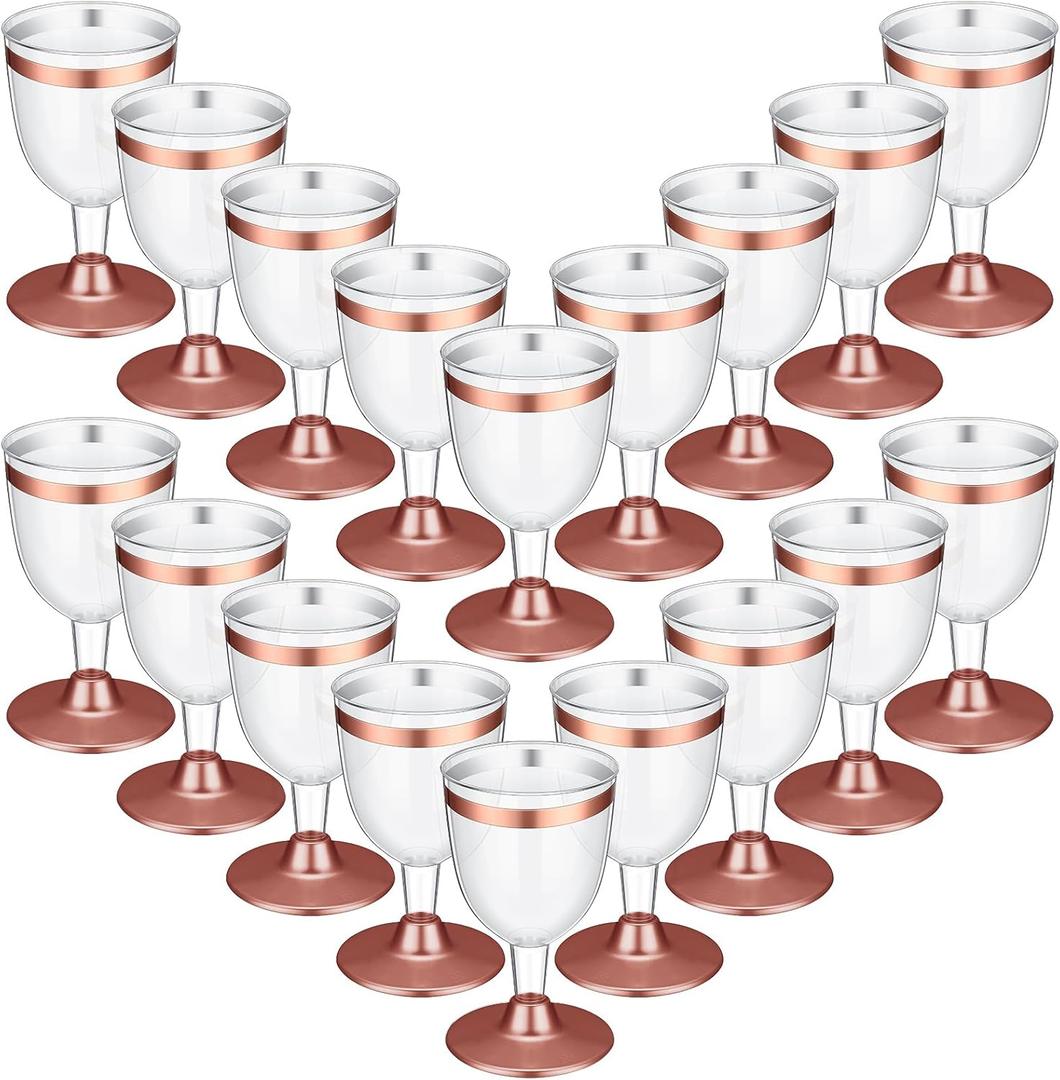 48 Pcs Disposable Plastic Glasses 6 oz Party Cups Hard Plastic Drinking Glasses with Stem Stackable Stemmed Goblets for Champagne Dessert Wedding Home Toasting(Pink Rim)