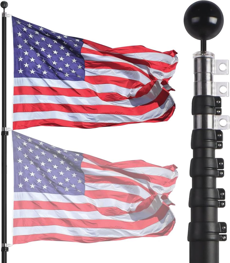 NELXINJO 20ft Telescopic Flag Pole - Extra Thick Outdoor Telescoping Flag Poles with 3x5 American Flag for Residential or Commercial,Black