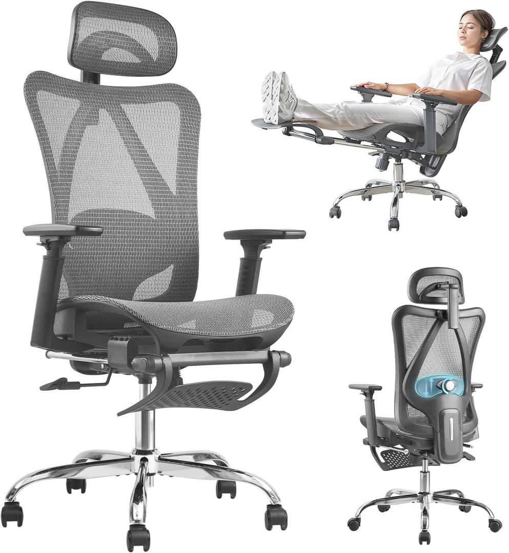 Ergonomic Office Chair, SGS Certified Gas Cylinder, 400 LBS Capacity, Retractable Footrest, Office Chair with Adjustable Lumbar Support, Gaming Chair, Mesh Office Chair (Grey)