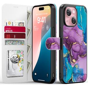 FUNMIKO for iPhone 13 Mini Case Wallet,Detachable Flip Folio Leather Cover,RFID Blocking 4 Card Slots Holder,Magnetic Kickstand,Protective Phone Shell for Women Girls 5.4",Teal Purple Marble