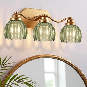 VbiTmn Gold Bathroom Light Fixtures, 3 Light Vintage Vanity Lights, Antique Brass Brushed Gold Finish, Crystal Green Glass Shade, Mid Century Wall Sconces for Bedroom, Living Room, Hallway