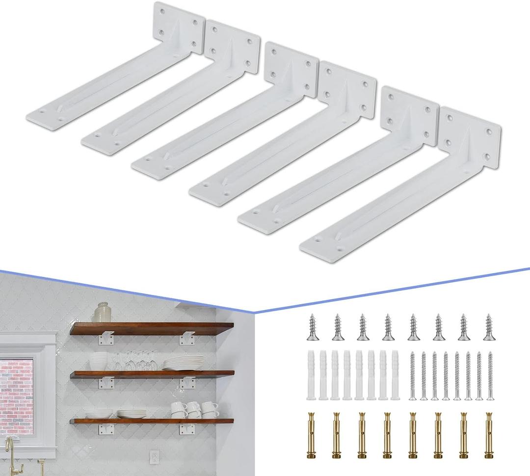CLT Shelf Bracket( White) , 8 Quarter Inch (1/5") Thick- Max Load: 220 lb Rustic Industrial Modern Farmhouse Heavy Duty Corner Brace Joint Right Angle Bracket for DIY Table Bench, Pack of 6