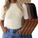 Huukeay 4 Pack 1/ 2 Half Sleeve Mock Turtleneck Tops for Women, Ribbed Knit Fitted T-Shirts Mock Neck Business Casual Slim Tee(Medium, Black, Cream, Brown, Dark Brown)