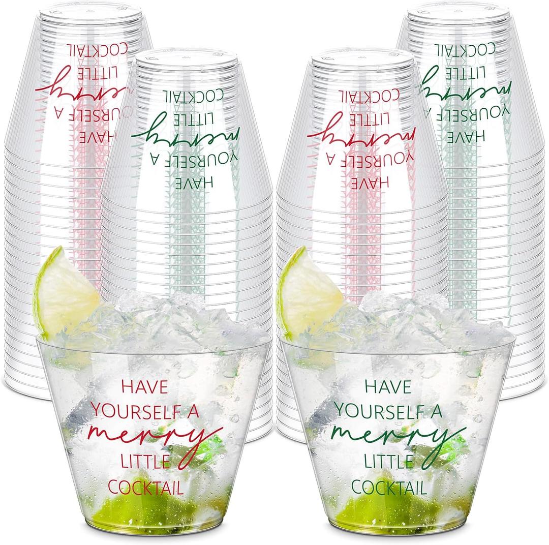 100 Pcs 9 oz Funny Christmas Party Cups Bulk Have Yourself A Merry Little Cocktail Disposable Clear Cup Red Green Cocktail Tumbler for Xmas Party Christmas Eve Decoration