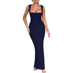 Women's Elegant Sleeveless Square Neck Bodycon Ruched Long Evening Party Dress (Blue)