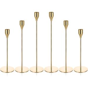 6 PCS Gold Taper Candle Holders Candlestick Holders Vintage Tall Candle Stick Holder Decorative Metal Centerpiece for Table Wedding Dinning Party Anniversary Home Decor