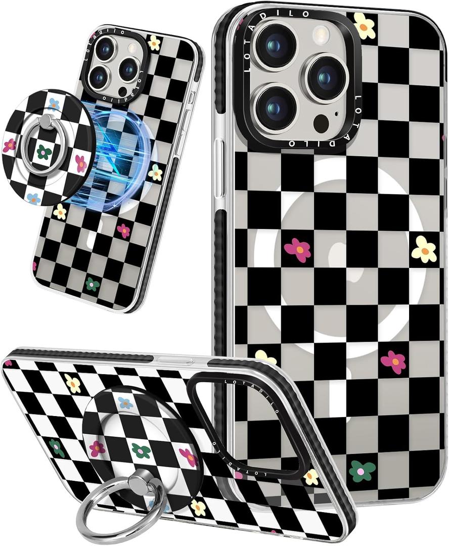 Lotadilo for iPhone 15 Pro Max Case for Women - Cute Kawaii Design Girls Compatible with Magsafe Magnetic Ring Holder Stand Black Flower Phone Covers Aesthetic Girly TPU Funda for 15 Pro Max