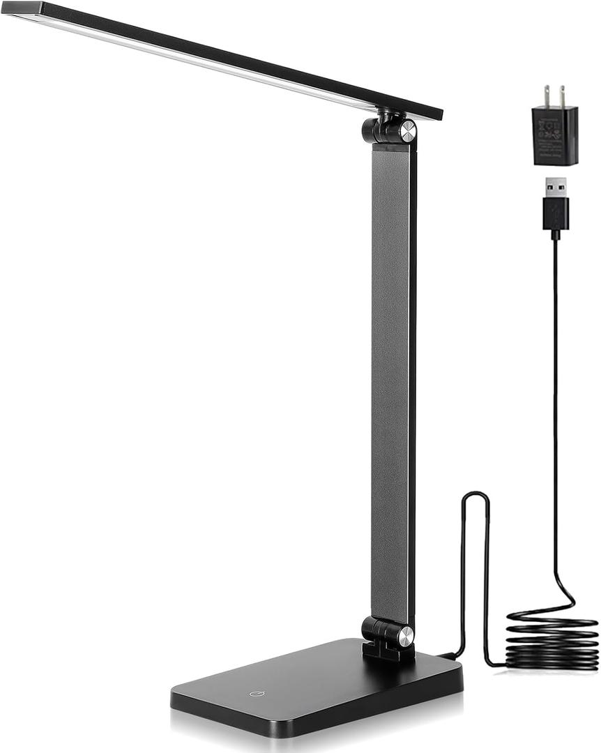LED Desk Lamp for Home Office, 3 Levels Dimmable Desk Light with USB Charging Port, Small Study Lamp, Reading Light for Table, Black, 5000K