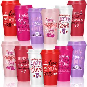 Pickmesh 12 Pack Valentines Day Coffee Cups Mugs Gift Bulk for Teachers Thank You Reusable Plastic Coffee Mugs with Lids Travel Tumblers Gift for Hot and Cold Drinks(Sweet Style,16 oz)