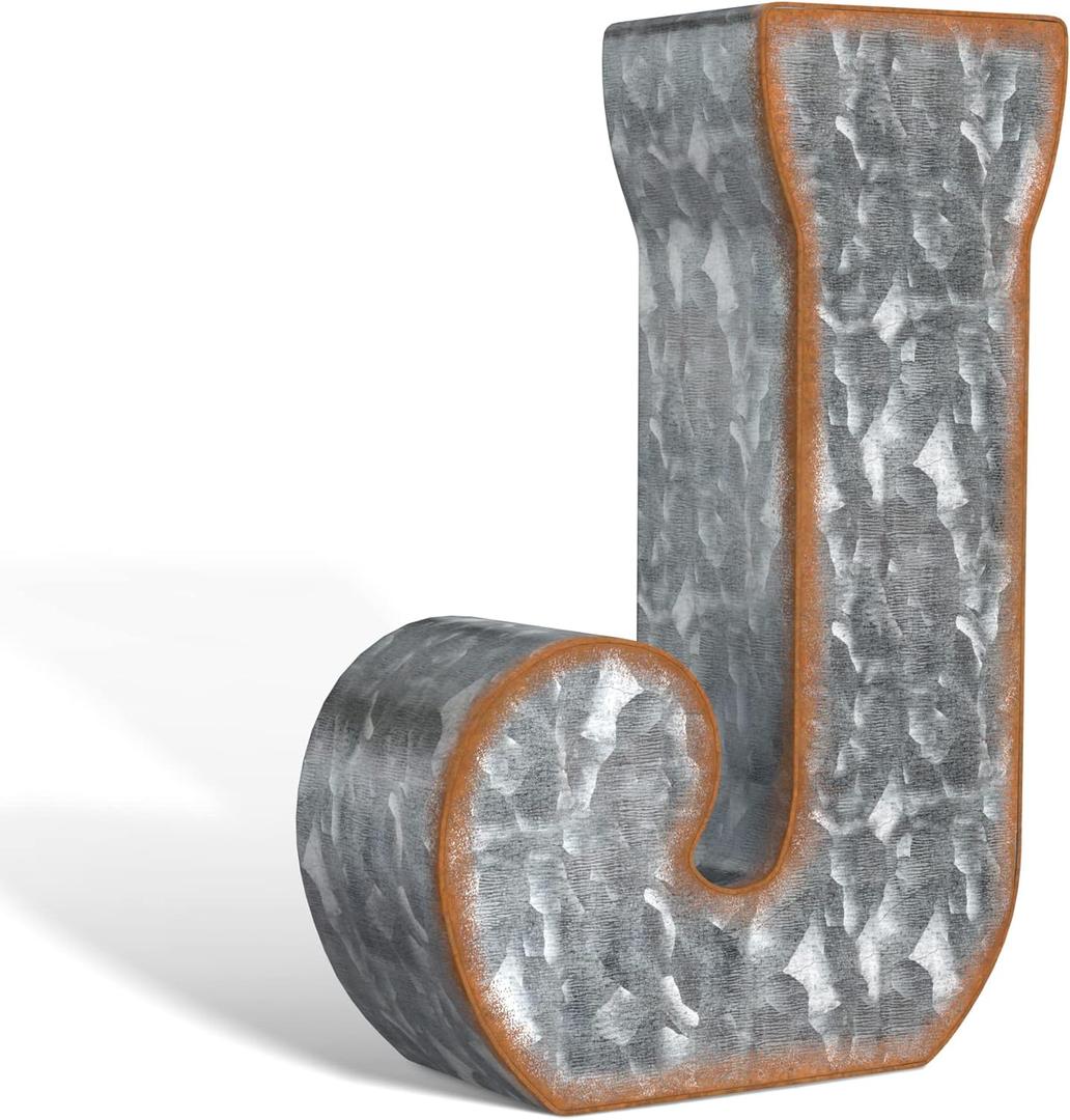 CraftyCrocodile 7" Galvanized Metal Letters for Wall Decor - 3D Letter J for Hanging & Freestanding - Unique Blend of Rustic, Vintage, Western, Industrial Styles