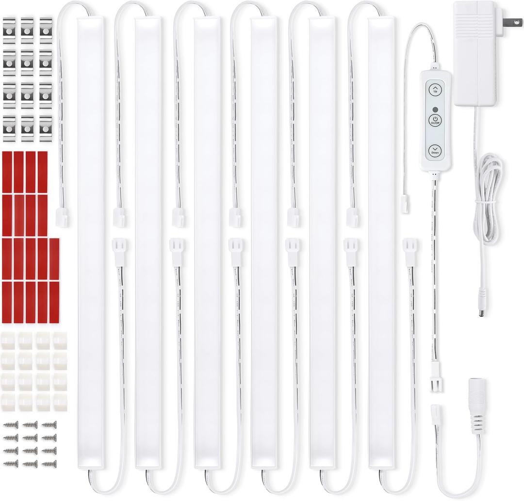 Litever Under Cabinet Lights Plug in, 6 pcs 12 Inches LED Light Strip Bars, Super Bright Dimmable Linkable for Kitchen Counter Above Cabinets Shelf Workbench Desk Closet Lighting Daylight 5000K