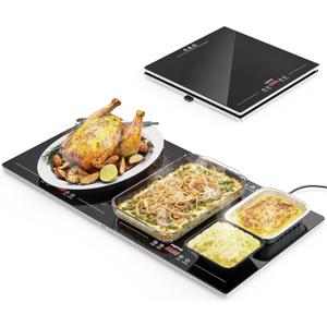 FEPPO Electric Warming Tray with Independent Temp & Timer Control, 2-in-1 Modular Food Warmer for Parties Buffet, 31"x15" Glass Surface Warming Mat for Food, Ideal for Catering & Gatherings (Black)