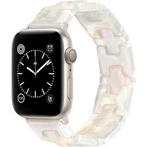 JR.DM Resin Stretchy Tortoise Shell Fancy Beaded Bracelet Light Watch Band Women Compatible with Apple Watch Band 38mm 40mm 41mm 42mm (S11/10) Strap Wristband for iWatch Series 11/10/9/8/7/6/5/4/3/2/1/SE/Ultra(S) (A1-Ivory White)