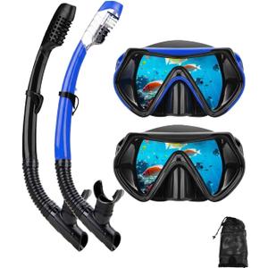 Snorkeling Gear for Adults, Dry Snorkel Mask Set, Scuba Diving Snorkle mask Set Adult, Panoramic Wide View Anti-Fog Dive mask, Swimming Diving Snorkeling Packages (Black+blue2 set)