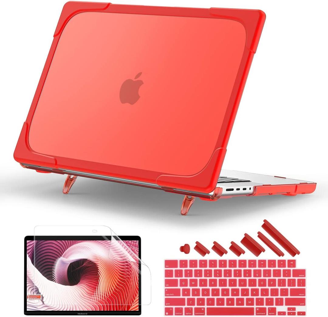 Batianda Heavy Duty Case for New MacBook Pro 16 inch 2024 M4 2023 M3 2021 M2 Pro Max Chip- Ergonomic Foldable Kickstand (Holds 22lbs/Zero Wobble) Matte Rugged Armor Cover with Spare Parts, Red