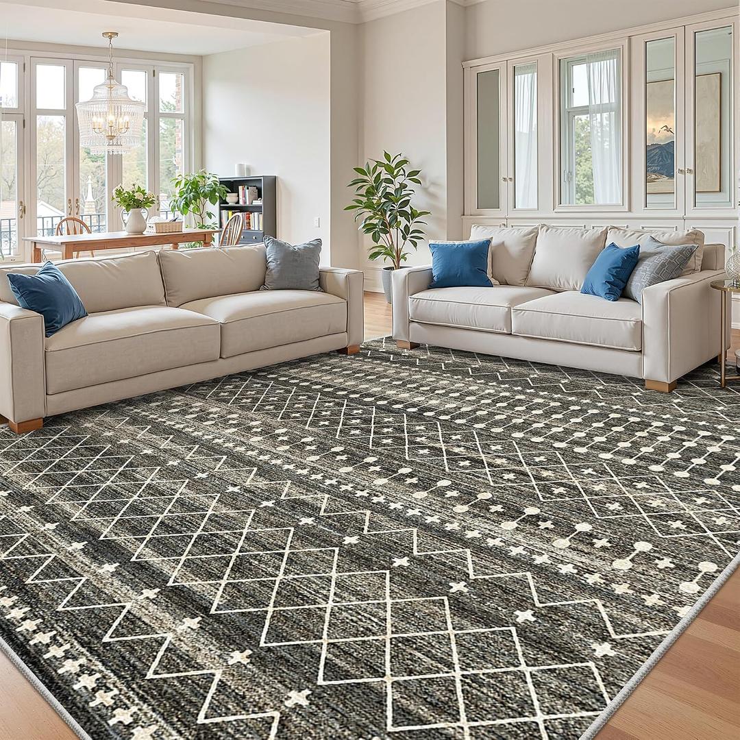 Miukiki 8x10 Area Rug for Living Room Moroccan Washable Rugs Non Slip Indoor Floor Carpet Foldable Large Soft Area Rug for Dining Room Bedroom with Low Pile(Black,8'x10')