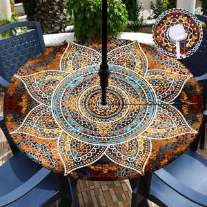 Buwuta Outdoor Tablecloth with Umbrella Hole Waterproof Round Fitted Tablecloth with Elastic Zippered Wipeable Table Cloth Round Cover for Picnic, Patio,Garden Fits to 48"-52" Patio Tables