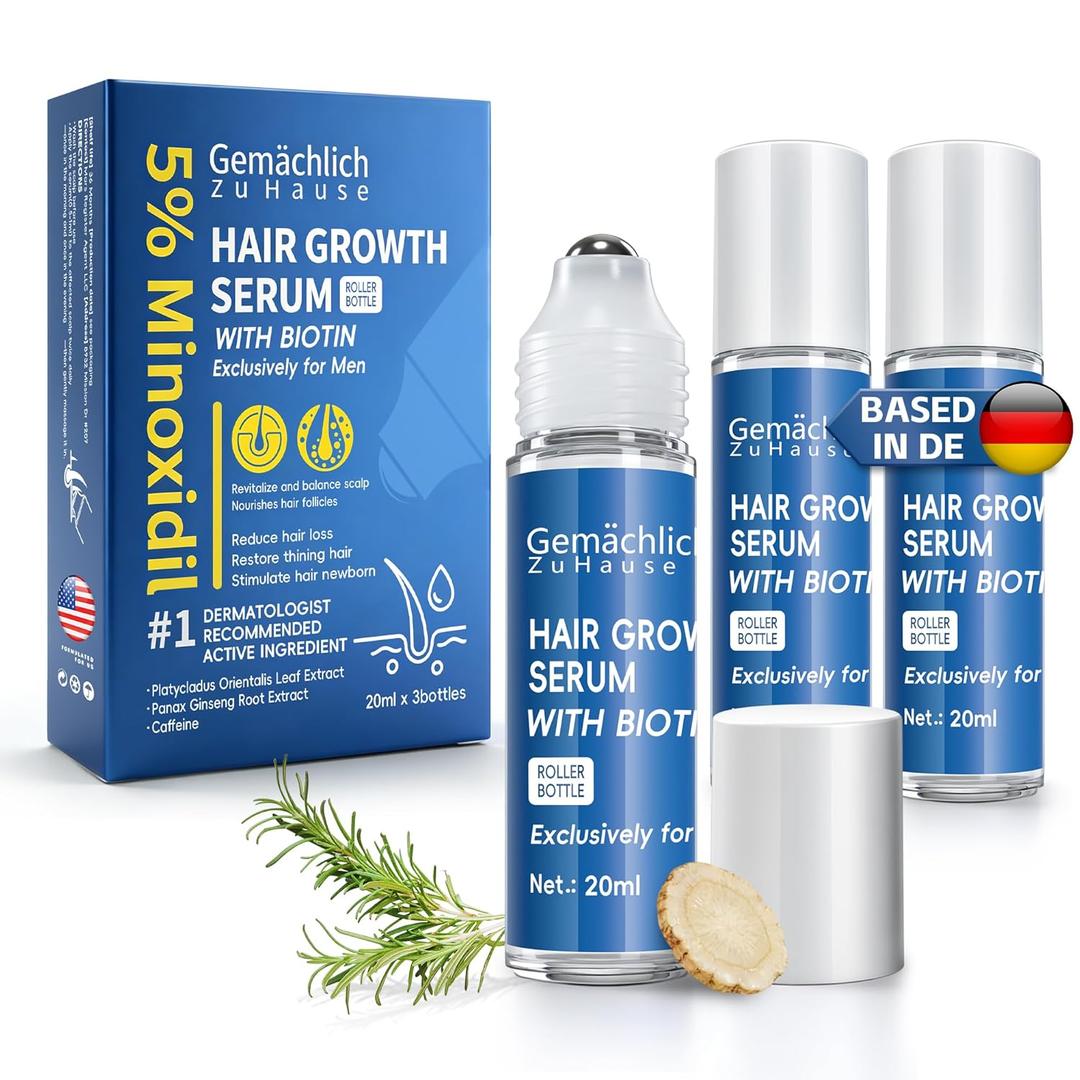 NDC Listed 5% Minoxidil for Men Hair Growth Serum Caffeine & Rosemary - Unscented, Fast-Absorbing Roll-On for Hair Loss Topical Treatment with Biotin, 3x20ml