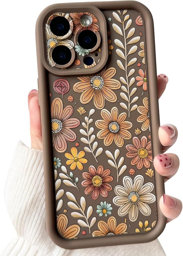 Lovmooful Compatible for iPhone 15 Pro Max Case Aesthetic Cute Color Flower Floral Leaf Design for Girls Women Soft TPU Shockproof More Protective Girly for iPhone 15 Pro Max Case-Brown