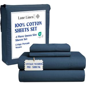 Lane Linen Queen Size Sheets  Premium 100% Cotton Pre-Washed Bed Set Queen Size, Classic Percale Weave for Restful Nights, Soft Finish, Fade Resistant, 15 Deep Pocket, Machine Washable  Estate Blue