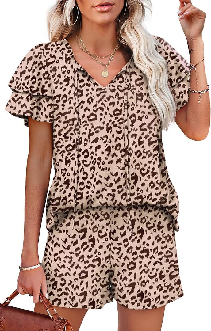 WIHOLL Summer Outfits for Women 2 Piece Short Sleeve V Neck Lounge Sets Casual (Medium)