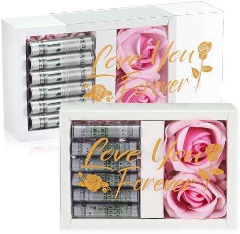 CroBlissful Birthday Money Box for Cash Gift Money Gift Box for Cash with 2 Velvet Rose Flower 6 Acrylic Tubes for Women Girlfriend Wife Anniversary Graduation