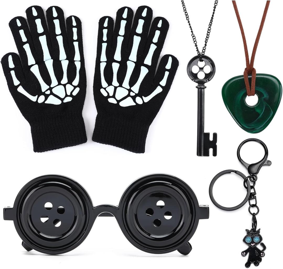 Button Eyes Glasses Skeleton Gloves Key Green Stone Necklace Black Cat Keychain Halloween Costume Cosplay Jewelry for Women Men (13+)