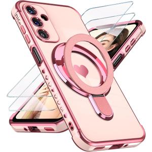 for Samsung Galaxy A16 5G Love Heart Kickstand Case with 2X Screen Protector: Luxury Plated Gold Edge Slim Soft TPU Shockproof Protection Case Cover for Galaxy A16 (Pink)