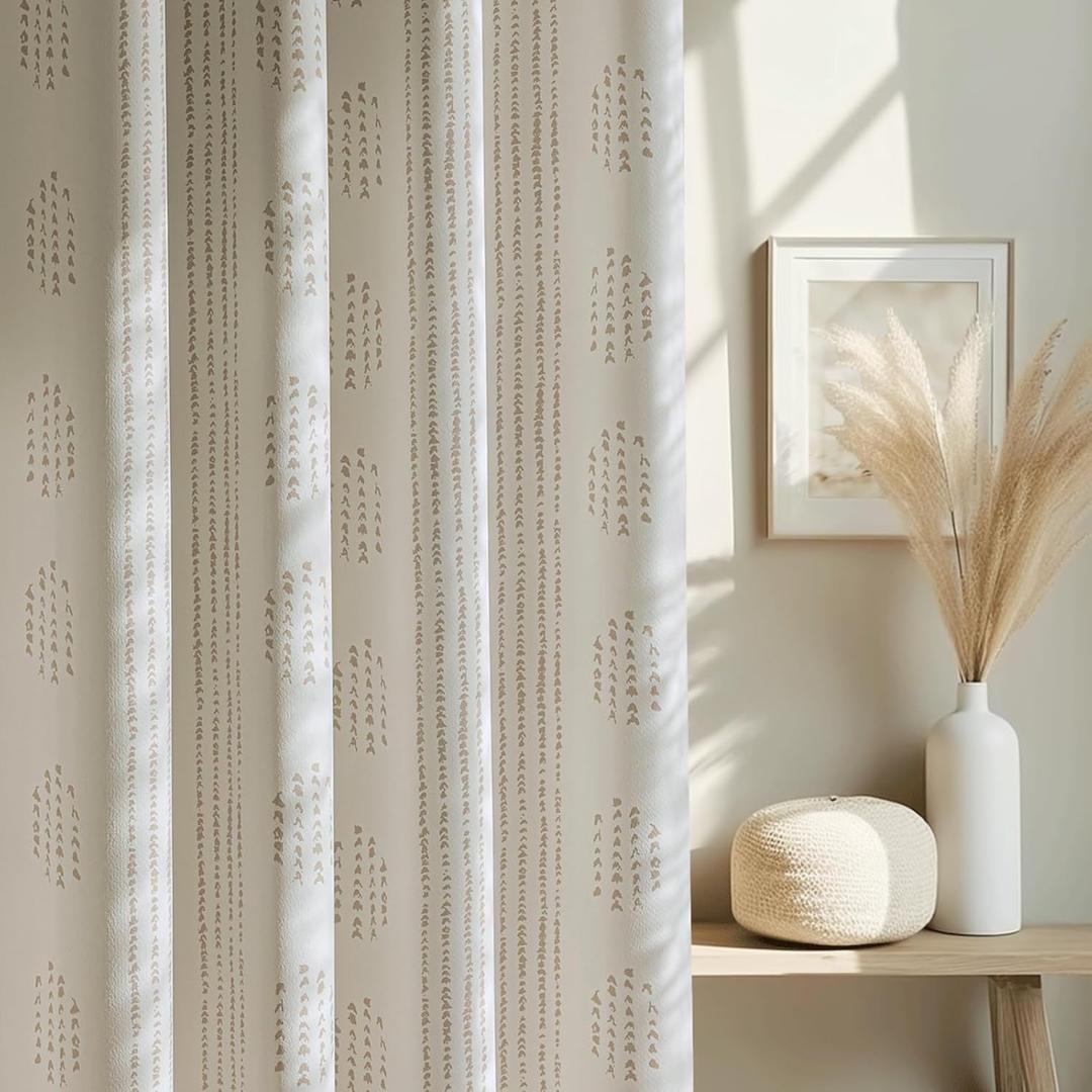 100% Boho Blackout Curtains 90 Inches Long for Bedroom, Taupe on Beige Patterned Bohemian Curtains for Living Room, Geometric Striped Thermal Insulated Window Drapes Gromment Top 2 Panels