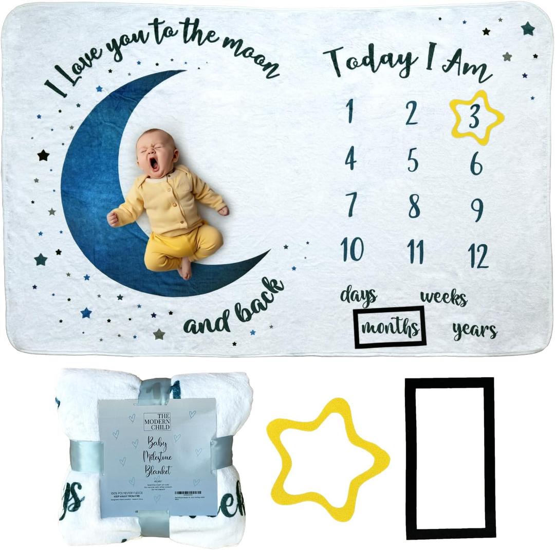 Baby Milestone Blanket - Super Soft Fleece Monthly Milestone Blanket for Baby Girl and Boy - Perfect for Baby's First Year Growth Chart - Monthly Baby Milestone - Blue Moon - 60"x40"