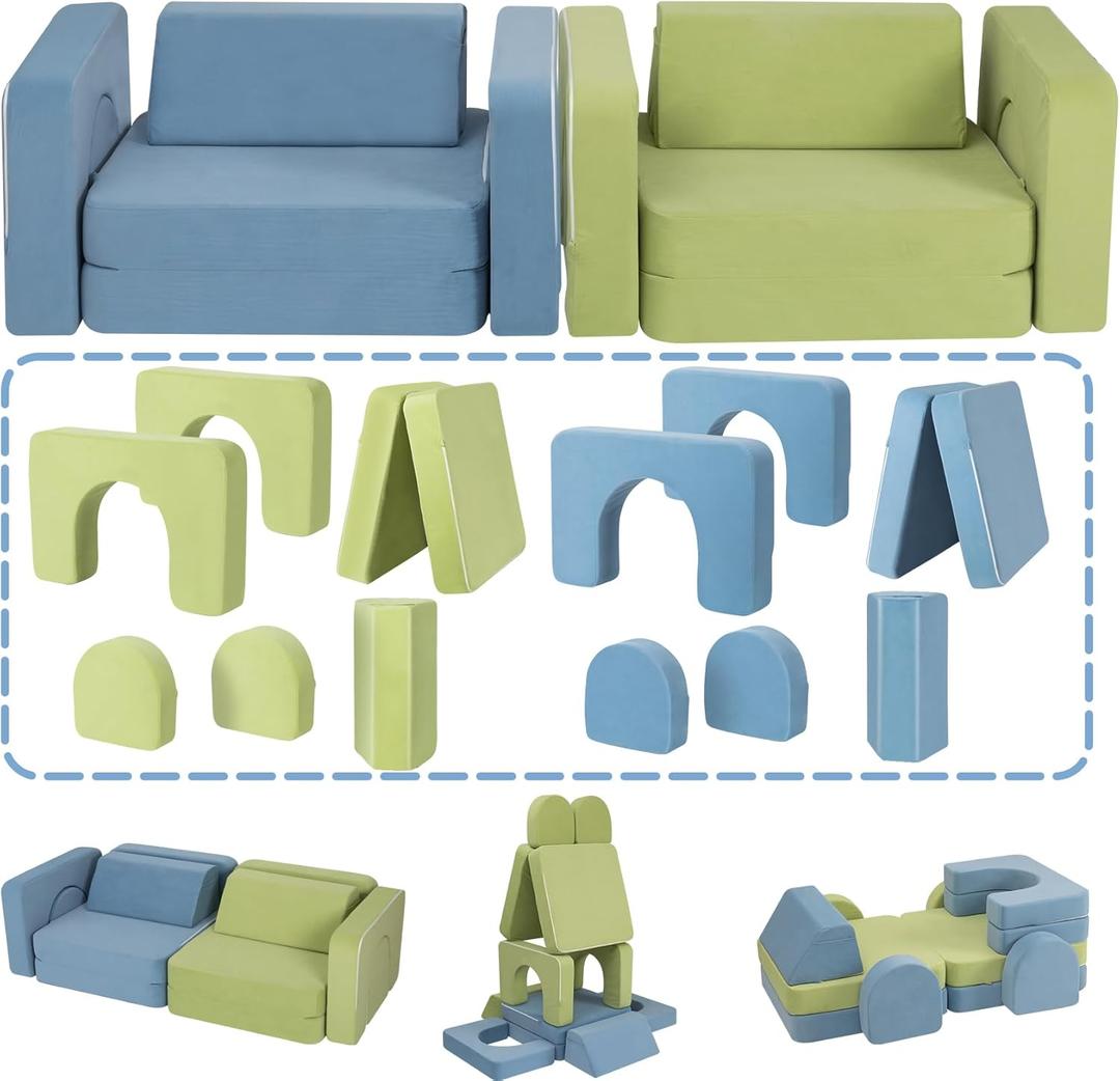Kids Couch, Modular Kids Play Couch with 1000+ Building Options, Super Comfy Convertible Sofa for Playroom, Ideal Gift for ChildrenBlue/Green