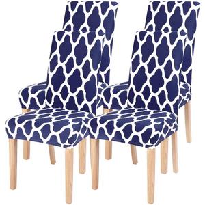 SearchI Dining Room Chair Covers Set of 4, Spandex Stretch Kitchen Chair Slipcovers Removable Washable Moroccan Geometric Parsons Chair Covers Protector for Dining Room, Hotel (Navy Blue)