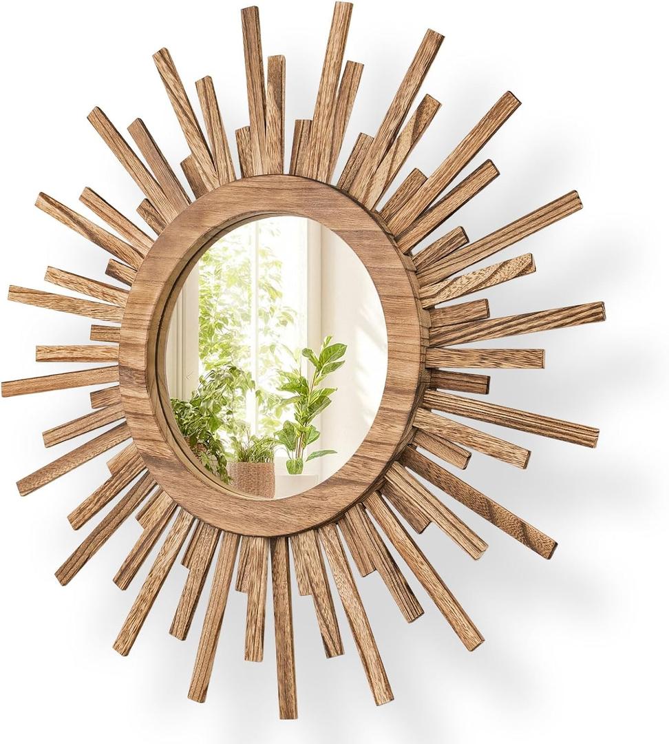 24 Inch Boho Sunburst Mirror, Round Wooden Wall Decor Starburst Sun Mirror for Bedroom, Living Room, Bathroom, Hallway, Balcony, Farmhouse Entryway, Housewarming Gift（Rustic Brown), Wood Color, 24"L x 24"W