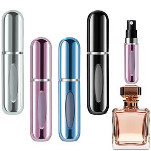 opasyo 4 Pcs Mini Refillable Perfume Portable Atomizer Bottle, 5ml Bottom-Fill Perfume Spray Scent Dispenser, Leak-Proof Travel Pump for Cologne, Aftershave & Purse (Silver/Pink/Blue/Black/)