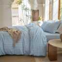 Striped Duvet Cover Set Queen Size 3 Piece 100% Washed Cotton Linen Feel Bedding Comfy Breathable Modern Farmhouse (Queen, Double Stripe-Light Blue/White)