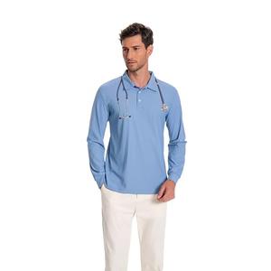 Milarlv Scrub Shirt for Men Lab Medical Polo Nursing Doctor Stand Up Collared Long Sleeve Medicine Work Top Blue, Size S