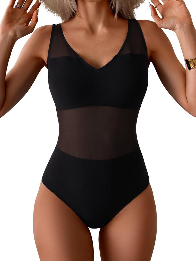 One Piece Swimsuit for Women Mesh Tummy Control Bathing Suit V Neck Slimming Swimwear (M, Black)