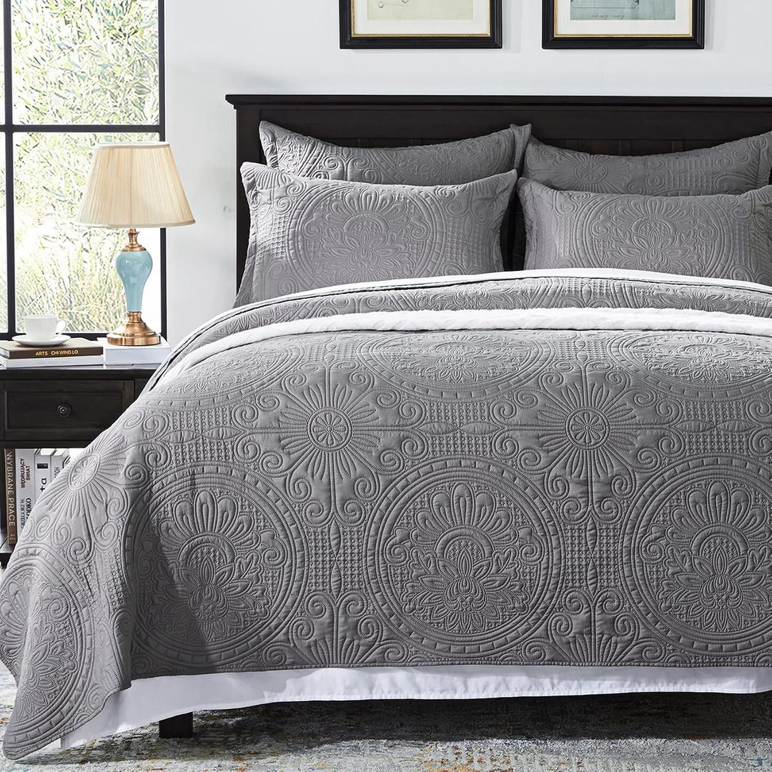 Anluoer Quilt Queen Size Bedding Set-Grey Embossed, Bedspreads-Lightweight Summer Soft Microfiber Bedspread, Bed Coverlet for All Seasons (1 Quilt, 2 Pillow Shams), Grey
