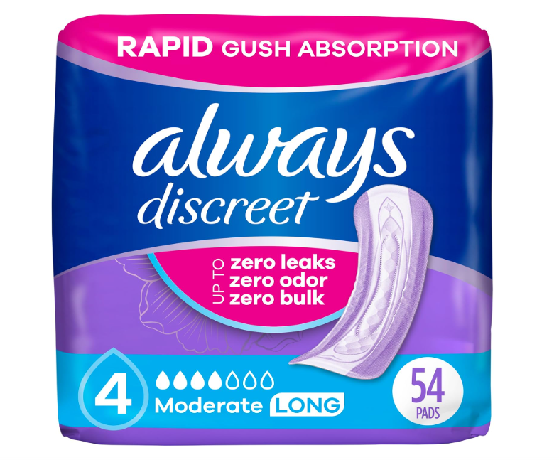 Always Discreet Adult Incontinence Pads for Women, Moderate Absorbency, Long Length, Postpartum Pads, 54 Count, 2 Packs