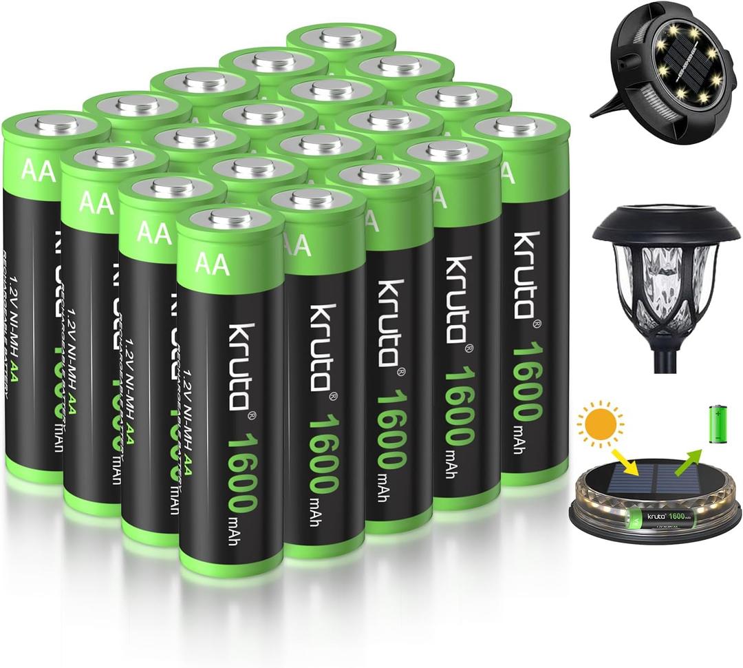 Kruta 20-Pack Rechargeable AA Batteries Pre-Charged, 1600mah NiMH Rechargeable AA Solor Batteries Double A Battery for Outdoor Solar Lights and Household Devices