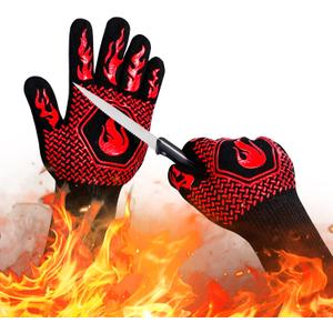 BBQ Fireproof Gloves, Grill Cut-Resistant 1472F Heat Resistant Gloves, Non-Slip Silicone Oven Gloves, Kitchen Safe Cooking Gloves for Oven Mitts,Barbecue,Cooking, Frying,13.8 Inch-Red