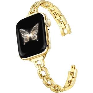 Newlibery Gold Slim Metal Band Women Compatible with Apple Watch 38mm 40mm 41mm 42mm(S10/11) Paperclip Link Chain Bracelet Adjustable Dressy Fancy Strap for iWatch Series 11 10 9 8 7 6 5 4 SE 3 2 1