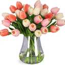 30pcs Tulips Artificial Flowers, Real Touch Fake Flowers Home Decor, Faux Tulips Bouquets Arrangements for Spring Easter Mothers Day Wedding Dining Room Table Decoration(3 Colors), Cream & Pale Pink & Peach Pink