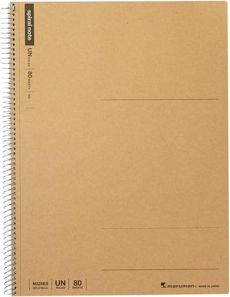 Maruman Spiral Note Basic Unruled Notebook- A4, 8.27" x 11.69", 80 Sheets / 160 Pages, Blank Page Journal, Perforated Pages & Wire-Bound to Lay Flat, Sturdy Kraft Cover, Made in Japan