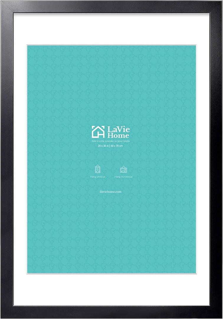 LaVie Home 20x30 Picture Frame Black Poster Frame, Display Pictures 18x24 with Mat or 20x30 Without Mat, Stable and Sturdy Frame and Polished Plexiglass, Horizontal and Vertical Format of The Walls