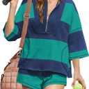 ReachMe Women's Workout Striped Short Sets 2 Piece Outfits Summer Matching Lounge Sets Top and Shorts with Pockets (Small, Navy Green)