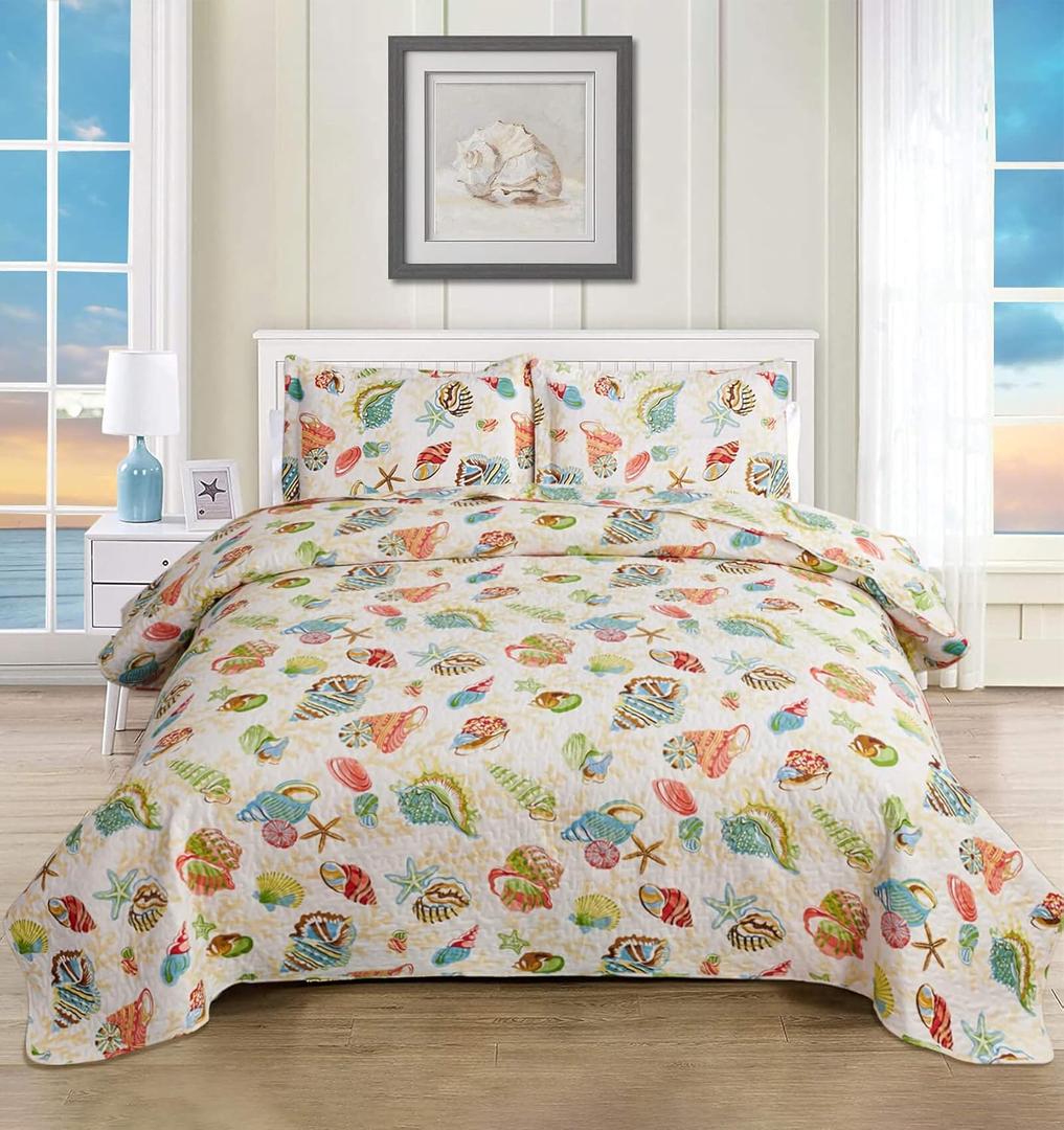 CHESITY Beach Quilts Set Full/Queen Size Ocean Bedspread Lightweight Coastal Quilt Reversible Bedding Cover Nautical Coverlet Set Seashell Conch Beach Comforter Cover Conch Sheet(90"x90") (Queen/Full, Yellow)