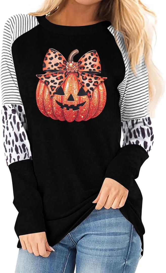 Graphic Shirts Women Pumpkin T Shirt Grateful Blessed Print Long Sleeve Blouse Leopard Striped Fall Tee (S)