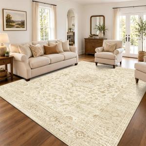 Beige 8x10 Living Room Rug, Non Slip Neutral Area Rug for Bedroom, Nursery